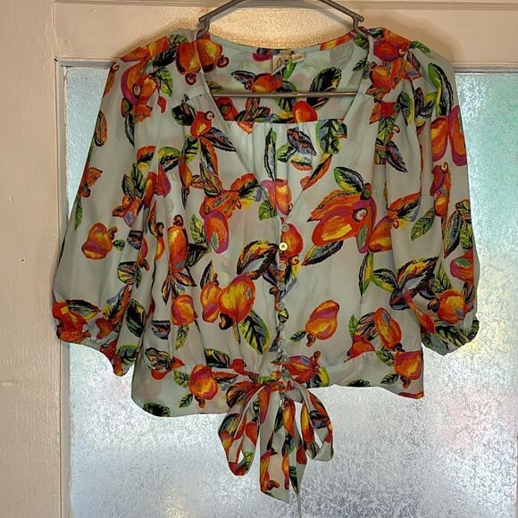 Joie Women’s Blue Tropical Print Button Up Puff Sleeve Cropped Blouse Top L - Picture 1 of 6